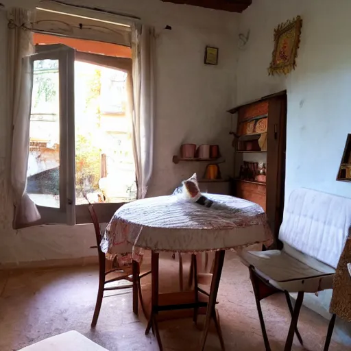 Image similar to Picture of very very very very filled provence interior room with cat sitting on the table,