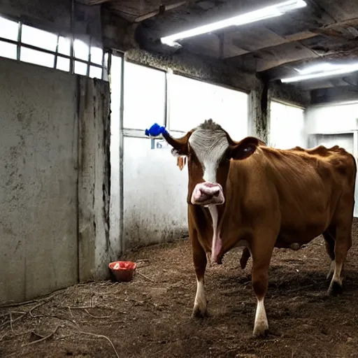 Image similar to dirty bottle of milk and a cow inside slaughterhouse