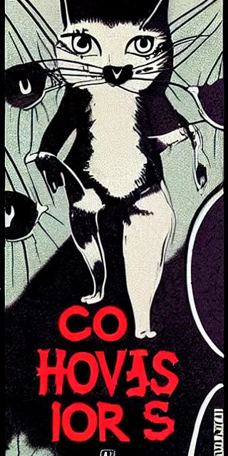 Image similar to Movie poster for a horror film about cats in goth clothes, 1985