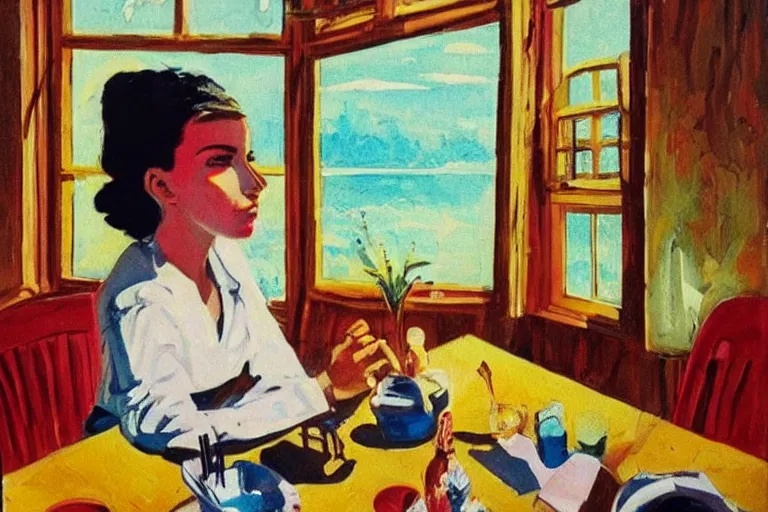 Image similar to a beautiful sad girl is sitting at the table and huge nuclear explosion is in the window, painting in style of Malcolm Smith