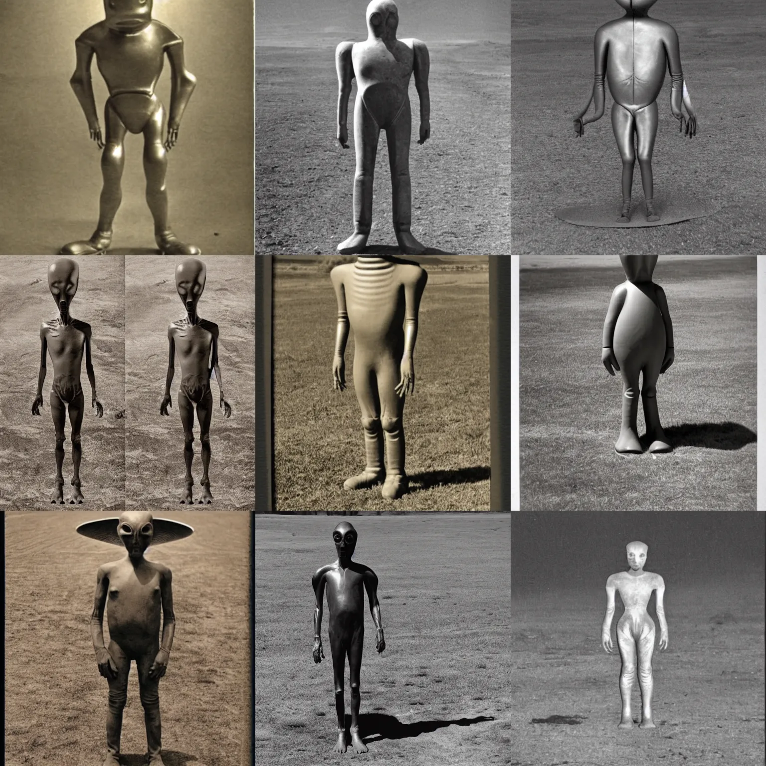 Prompt: vintage photograph of a roswell alien, full body, sepia