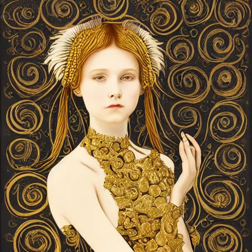 Image similar to a beautiful girl made of ivory and gold, highly intricate, digital art, very detailed, in the style of a weird and dark eerie liminal art nouveau flemish painting,