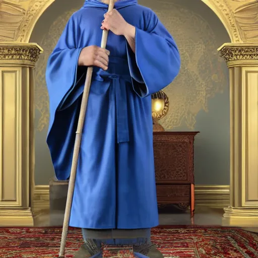 Image similar to Mark Zuckerberg as a wizard wearing blue robes, a blue pointed wizard hat and holding a magic staff, highly detailed, high quality, HD, 4k, 8k, Canon 300mm, professional photographer, 40mp, lifelike, top-rated, award winning, realistic, sharp, no blur, edited, corrected, trending