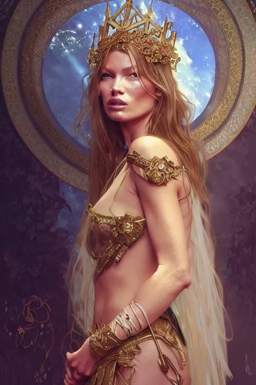 Image similar to young kate moss as a princess, fantasy, intricate, elegant, highly detailed, digital painting, artstation, concept art, matte, sharp focus, illustration, art by artgerm and greg rutkowski and alphonse mucha