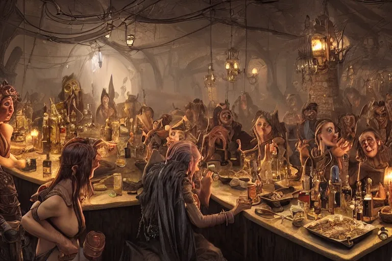 Image similar to Beautiful hyperrealistic detailed matte portrait painting of a 20s fantasy goblin party in ekanite bar that looks like it's from lord of the rings and bazaar by greg rutkowski, andreas rocha and john howe, and Martin Johnson Heade,featured on artstation, ultrawide angle,f16 , golden ratio, f32, well composed, cohesive