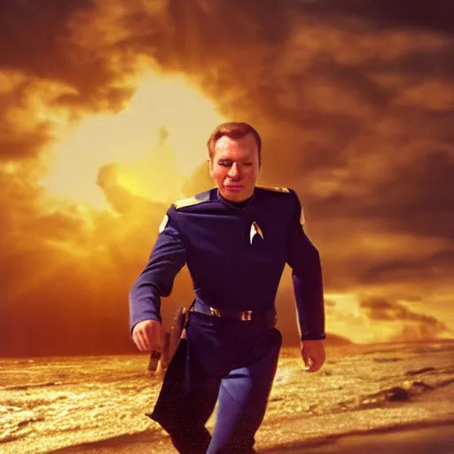 Prompt: captain j. kirk from star trek storming the beaches of normandy on d - day. film still, ultra realism, dramatic lighting, action pose, zeiss lens, canon eos, artstation, dynamic pose, redshift, octane