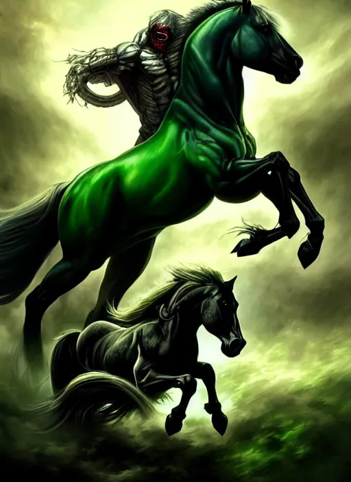 Image similar to the singular horseman of the apocalypse is riding a strong fierce ferocious rabid undead green stallion, horse is up on its hind legs, the strong male rider is death with a scithe, beautiful artwork by artgerm and rutkowski, breathtaking, dramatic