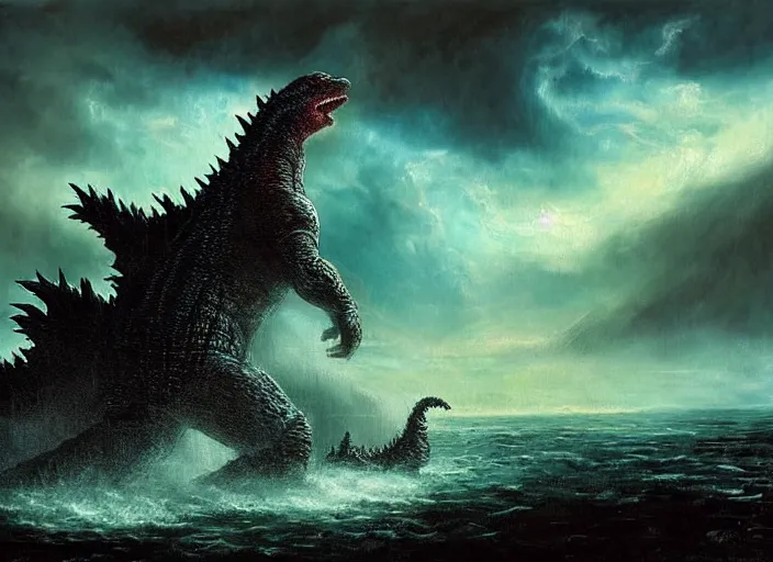 Image similar to godzilla emerges from a river and roars at the sky, beautiful landscape painting, very detailed, dramatic lighting