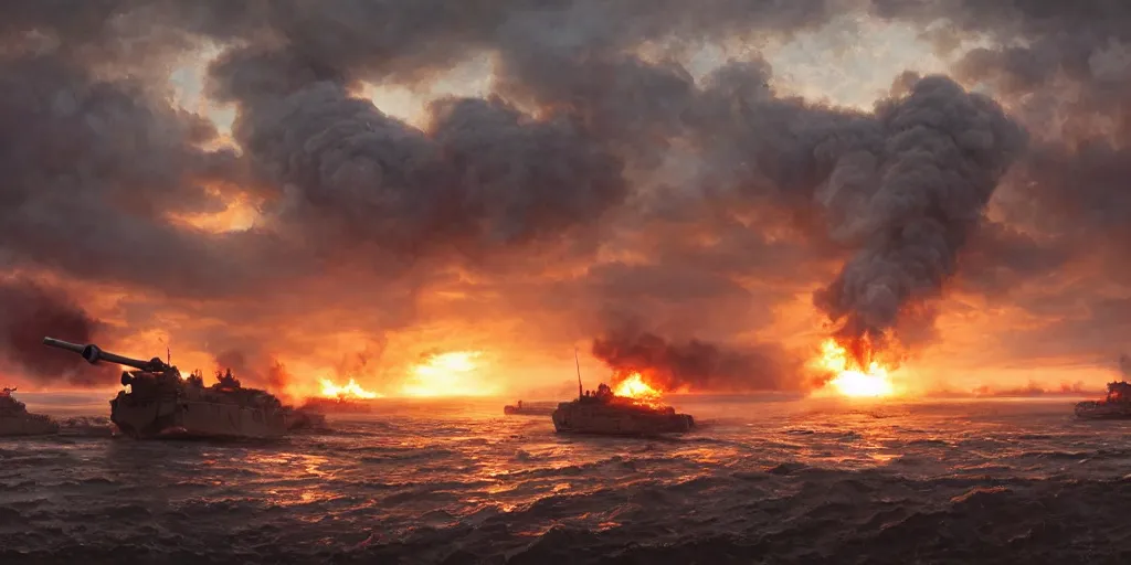 Image similar to the normandy landings, d - day, 1 9 4 5, sunset, chaos, smoke, fire, soldiers charging in, airplanes fighting in the sky, destroyed tanks, highly detailed, wide shot, sadness, cinematic, ultra realistic, ray tracing, painting by jessica rossier and ivan shishkin