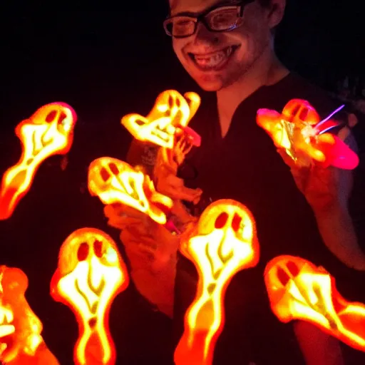 Prompt: Hot wings glowing and floating in a rock concert, Selfie