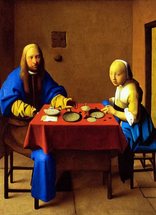 Image similar to Young man sitting at the table with young pretty blonde girl at the crowded inn. Medieval painting by Jan van Eyck, Johannes Vermeer, Florence