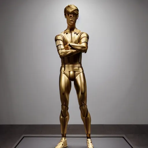 Image similar to a realistic detailed photo of a guy who is an attractive humanoid who is half robot and half humanoid, who is a male android, soccer players martin ødegaard, shiny skin, posing like a statue, blank stare, in a museum, on display, showing off his muscles, gold soccer shorts, ground view, ceramic statue