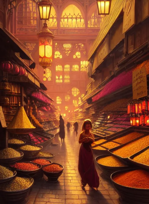 Image similar to a young woman shopping in a spice market at night, soft glow from lanterns, shiny, fantasy, intricate, elegant, hyper detailed, ultra definition, photoreal, artstation, unreal engine rendered, concept art, smooth, sharp focus, illustration, art by artgerm and greg rutkowski and alphonse mucha and garis edelweiss