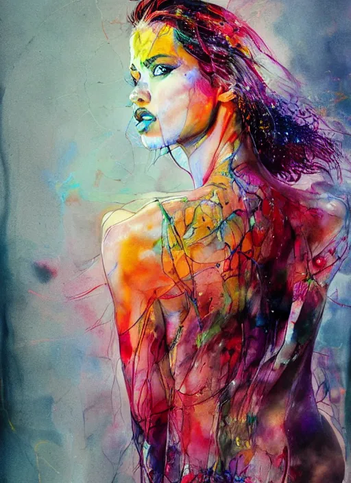 Image similar to adriana lima by agnes cecile enki bilal moebius, intricated details, sitting on a stool, full body portrait, extremely luminous bright design, pastel colours, drips, autumn lights