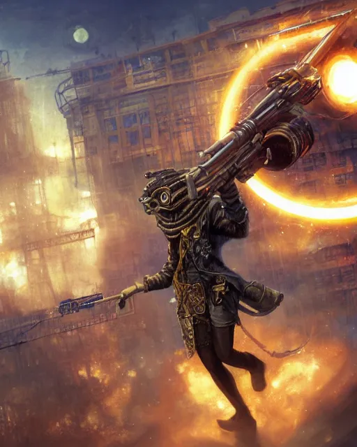 Prompt: oil painting of Anthropomorphized Steampunk Owl Sniper aiming steampunk gun, sharp focus, exploding golden steampunk city background, full body, heroic pose, fantasy style, octane render, volumetric lighting, 8k high definition, by greg rutkowski, highly detailed, trending on art Station, magic the gathering artwork, centered, dramatic artwork