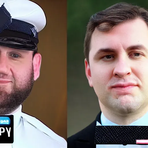 Prompt: clean - shaven chubby chubby chubby 3 2 year old caucasian man from uk. he is wearing navy police sweater and necktie and black boots and police helmet. he is making a youtube apology video