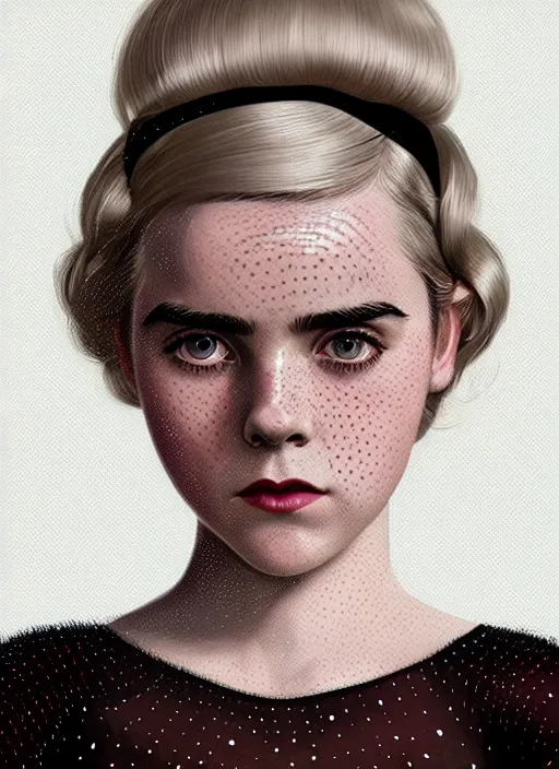 Prompt: portrait of kiernan shipka with freckles, white hair, 1 9 6 0 s bob hairstyle, hairstyle with bangs, 1 9 6 0 s bob hair with bangs and hairband, intricate, elegant, glowing lights, highly detailed, digital painting, artstation, concept art, smooth, sharp focus, illustration, art by wlop, mars ravelo and greg rutkowski