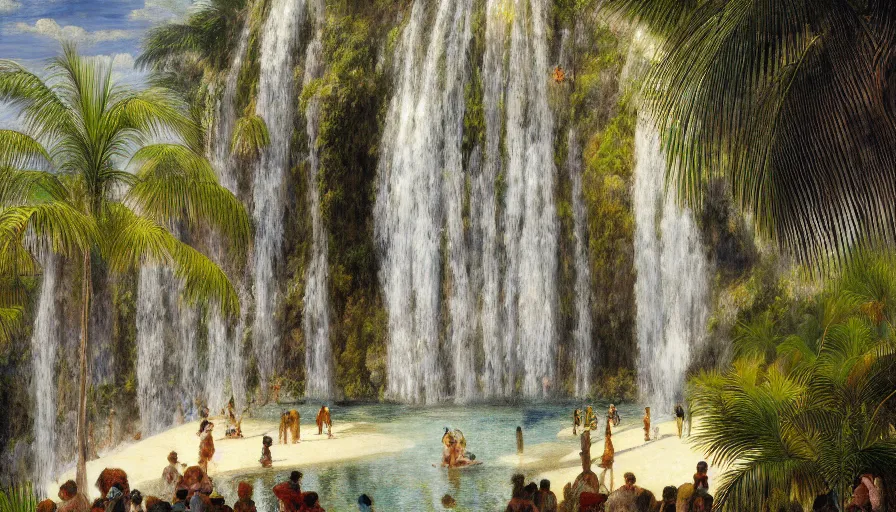 Image similar to a ultradetailed beautiful painting of the diamonds waterfall in the amazonas palace balustrade designed by jules bastien - lepage, tarsila do amaral, frank weston and gustave baumann, beach, trending on artstation, mediterranean, palm trees, sharp focus, soft light, 8 k 4 k