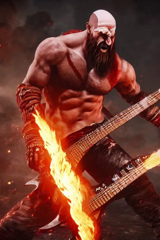 Prompt: screaming kratos rocking out on a flaming stratocaster guitar, cinematic render, god of war 2 0 1 8, playstation studios official media, red stripe, red stripe, red stripe, red stripe, red stripe, red stripe, clear, coherent