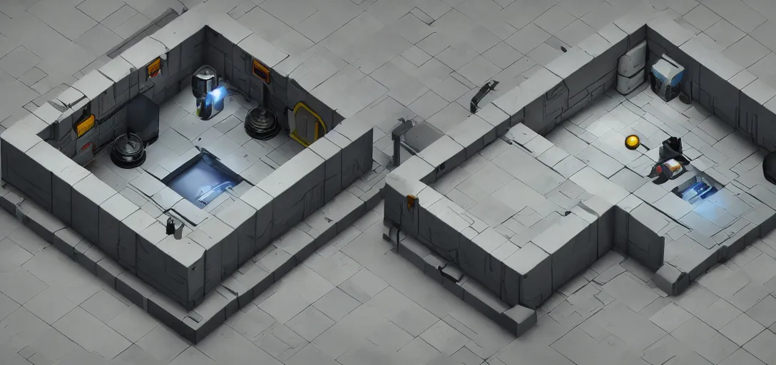 Image similar to Isometric 3d high octane render of a test chamber from Portal 2 Game