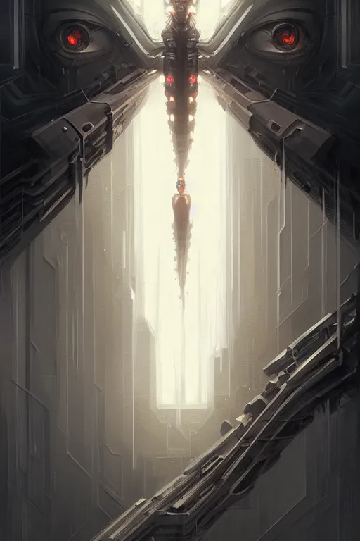 Image similar to professional concept art symmetrical portrait of a ominous floating!! mechanical ai terrifying!! thing in a dark room by artgerm and greg rutkowski. an intricate, elegant, highly detailed digital painting, concept art, smooth, sharp focus, illustration, in the style of cam sykes.