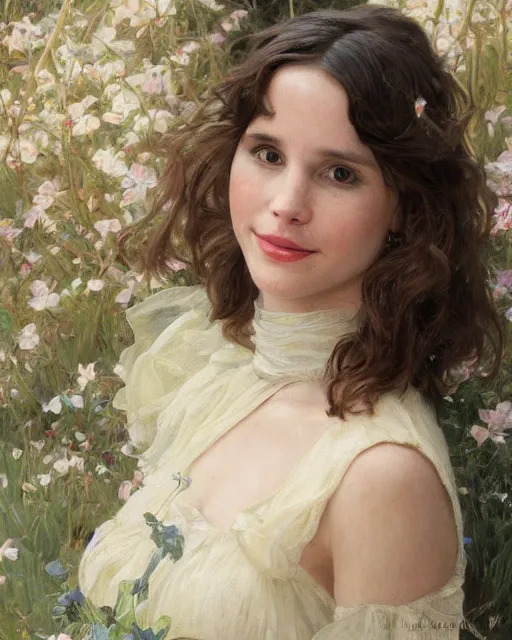 Prompt: a portrait painting of rachel lane / sabrina lloyd / perdita weeks / felicity jones / nicole de boer hybrid oil painting, gentle expression, smiling, elegant clothing, scenic background, extremely detailed and lifelike, artgerm, greg rutkowski, alphonse mucha, vladimir volegov, adolphe bouguereaum, greg hildebrandt