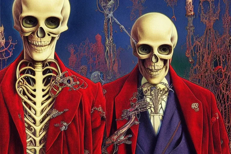 Prompt: realistic detailed closeup portrait painting of a single skeleton wearing red velvet blazer in a crowded futuristic moscow street by jean delville, amano, yves tanguy, alphonse mucha, ernst haeckel, edward robert hughes, roger dean, rich moody colours, blue eyes