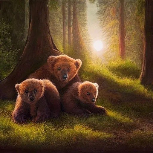 Image similar to a very very beautiful artwork of three bear cubs camping in a tent in the wood, sunset, vivid colors, soft lighting, atmospheric, cinematic, moody, trending on artstation, oil on canvas, 8K