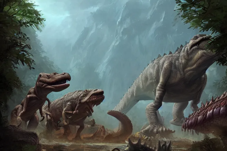 Image similar to barney the dinosaur in a prehistoric landscape, surrounded by larger predatory dinosaurs, tyrannosaurus, danger, fantasy art, greg rutkowski, concept art, highly detailed, artstation, artgerm, behance, cgsociety, natural history