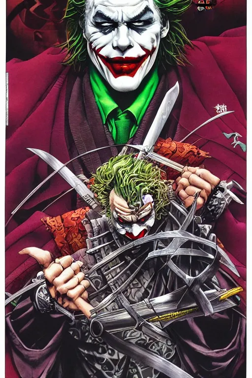 Prompt: poster of heath ledger's joker as a samurai, by yoichi hatakenaka, masamune shirow, josan gonzales and dan mumford, ayami kojima, takato yamamoto, barclay shaw, karol bak, yukito kishiro, highly detailed