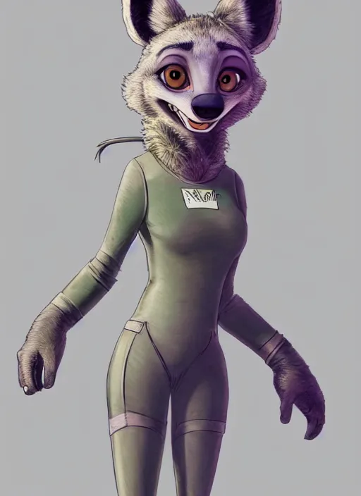 Image similar to digital detailed full body of anthromorphic female hyena, in style of zootopia, zootopia, zootopia, fursona, furry, furaffinity, 4 k, deviantart, furry art, fursona art, wearing astronaut outfit, in style of zootopia, hyena fursona, cyberpunk, female, detailed feminine face,