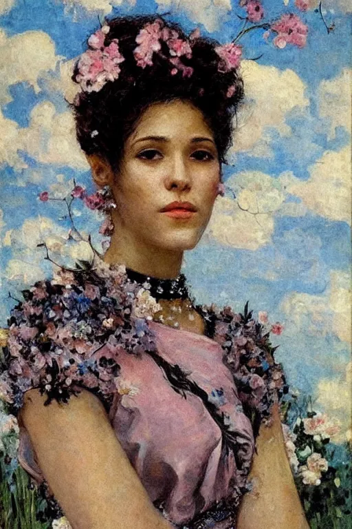 Image similar to close - up fashion black skin woman portrait airy flowers cloudy sky art by vasnetsov