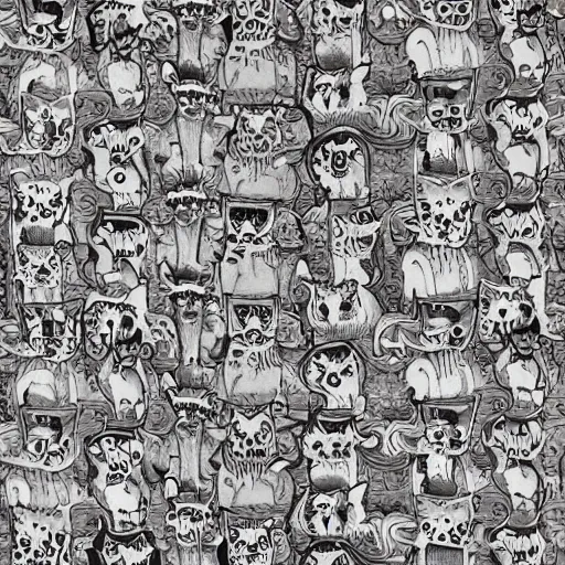 Image similar to an intricate tiled pattern of cats and dogs by mc escher, black and white painting