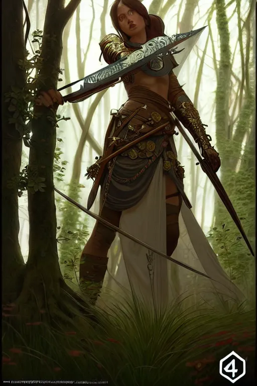 Image similar to beautiful digital painting of a stylish medieval female warrior forest with high detail, 8 k, stunning detail, works by artgerm, greg rutkowski and alphonse mucha, unreal engine 5, 4 k uhd