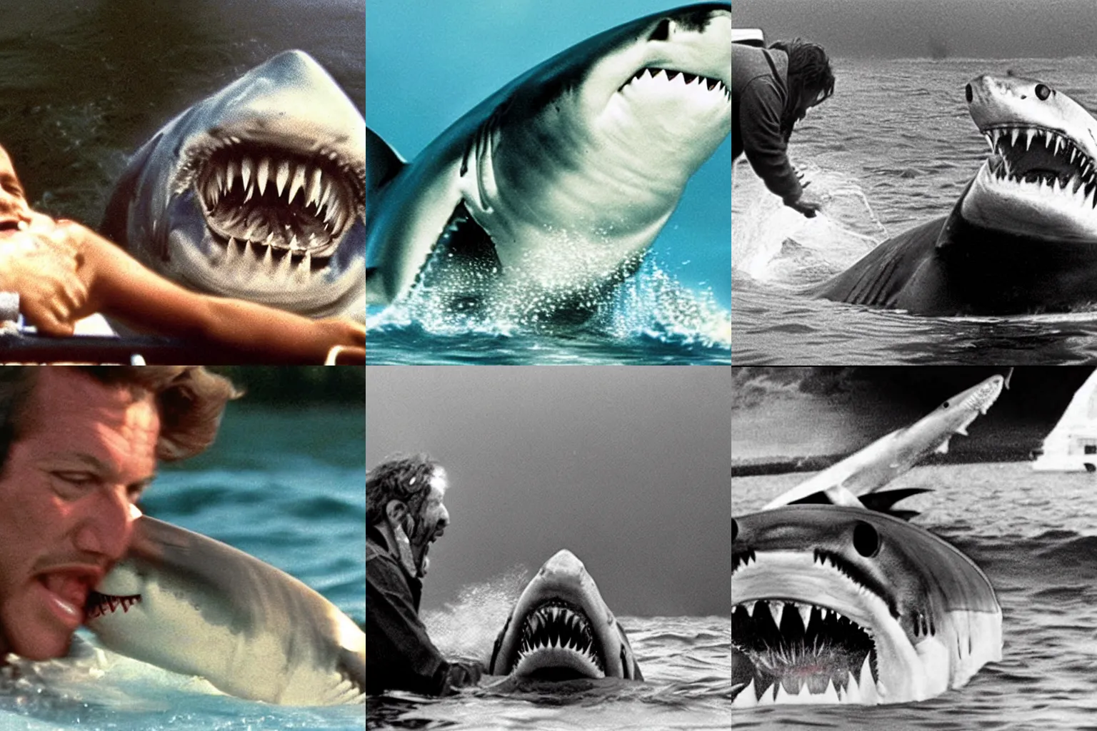Prompt: deleted scene from Jaws with closeup of Shark eating a dog