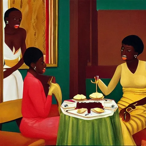 Image similar to dark skinned people eating at a regal buffet ultra detailed beautiful setting elegant event nigerian party minimalist gold ornaments iridescent lighting glamour traditional ceremony contemporary in the style of edward hooper and henri matisse yinka shonibare oil painting