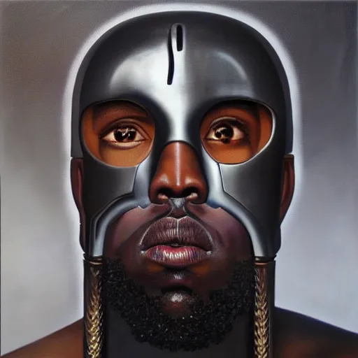 Image similar to a realistic oil painting of a cybernetic kanye west cyborg, surrealism portrait, surrealism album cover