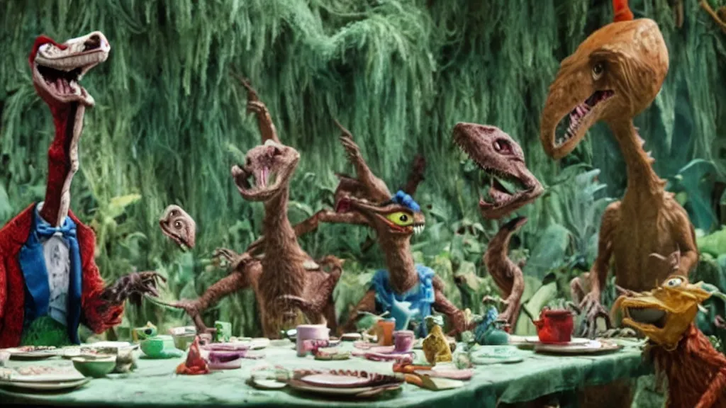 Prompt: A movie screenshot of Velociraptors having tea with Alice in Wonderland, directed by Henry Selick and Tim Burton, claymation, cinematic, balanced composition, whimsical.