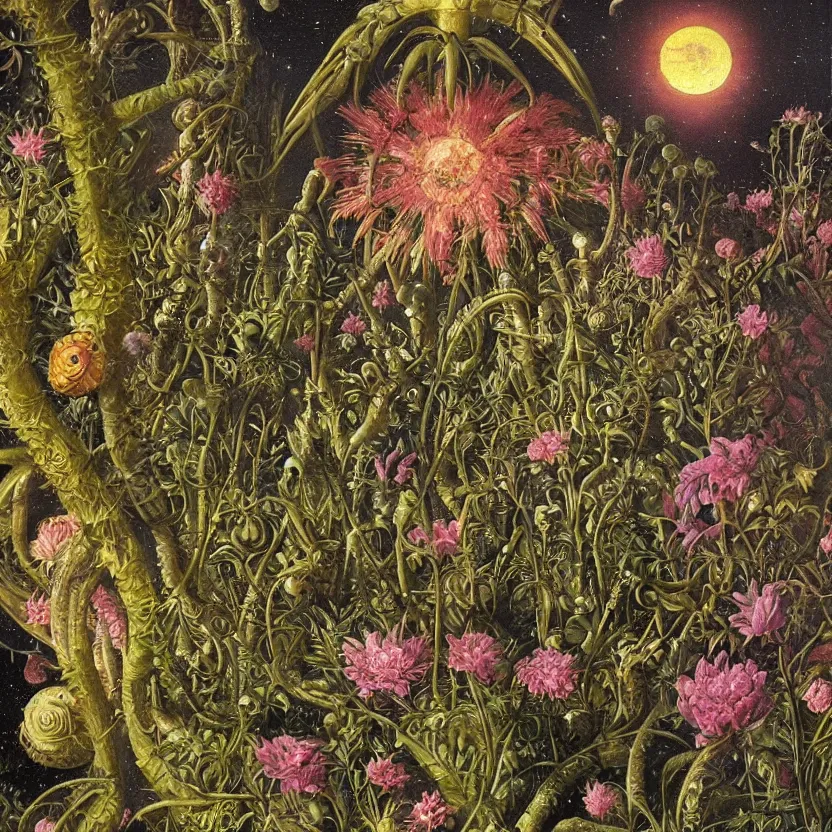 Image similar to close - up of alien plants and flowers in a garden at night. decorated with foliage, faberge, and filigree. pulp sci - fi art for omni magazine. cosmic. baroque period, oil on canvas. renaissance masterpiece, by r. s. connett