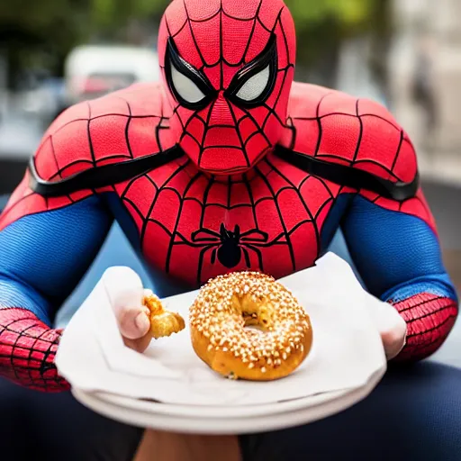 Image similar to overweight spider - man eating a bagel, photograph, 8 k