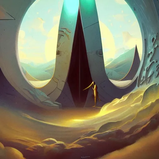 Image similar to highly detailed peter mohrbacher illustration of a stargate made of stone that forms a circle, cinematic view, epic sky