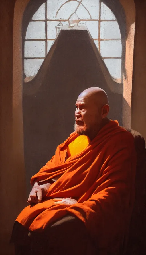 Prompt: portrait of an old monk sitting by a spaceship window, orange robe, dramatic lighting, artstation, matte painting, johannes vermeer