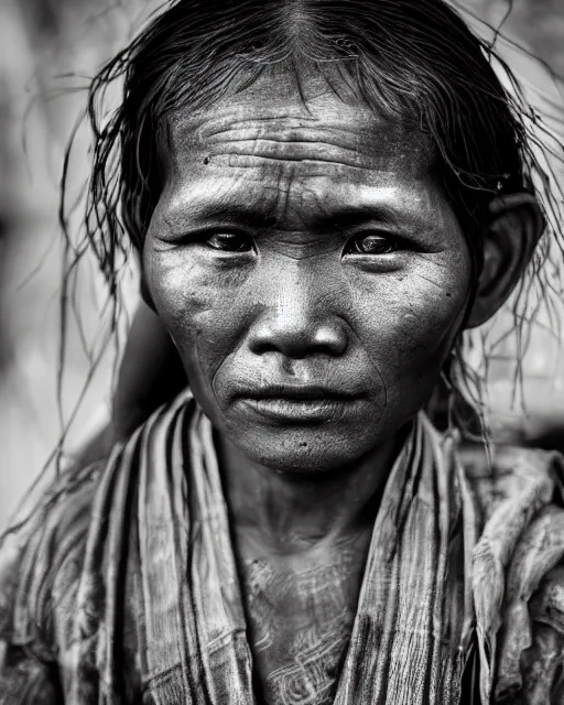 Image similar to Award winning Portrait photo of a Native Myanmarese with hyper-detailed hair and beautiful eyes wearing traditional garb by Lee Jeffries, 85mm ND 5, perfect lighting, gelatin silver process