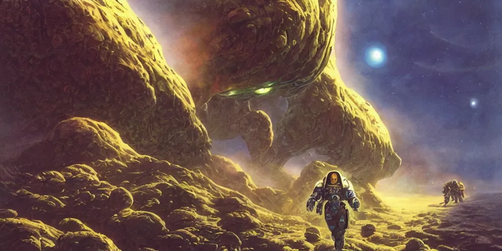 Prompt: space marine exploring an alien planet, art by jim burns and wayne barlowe, retro sci - fi, key visual, illustration, sharp focus, colorful, highly detailed