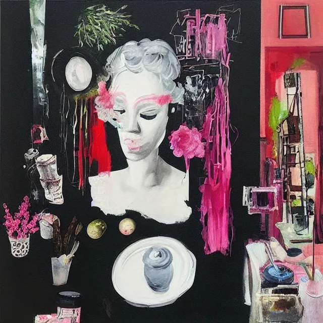 Image similar to “ a portrait in a female art student ’ s apartment, sensual, a pig theme, organic, art supplies, paint tubes, ikebana, herbs, a candle dripping white wax, black walls, squashed berries, berry juice drips, acrylic and spray paint and oilstick on canvas, surrealism, neoexpressionism ”