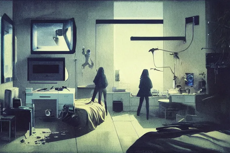 Image similar to IKEA catalogue photo, cyberpunk teenager bedroom, ghosts, screens, TVs, monitors, robots, by Beksiński