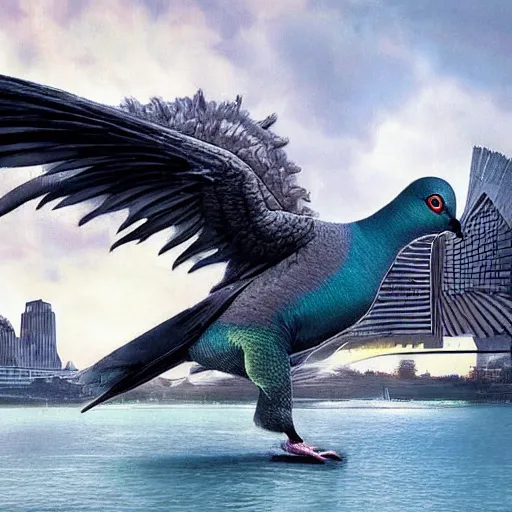 Prompt: Stunning Hyperealistic portrait of a pigeon as Godzilla destroying Sydney city