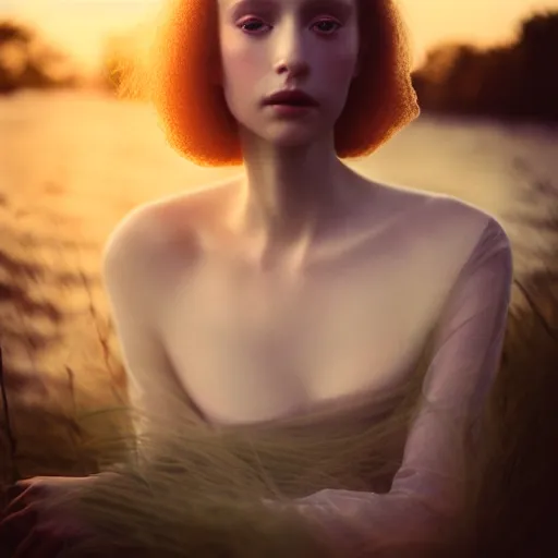 Image similar to photographic portrait of a stunningly beautiful alluring seductive english renaissance female in soft dreamy light at sunset, beside the river, soft focus, contemporary fashion shoot, in a denis villeneuve and tim burton movie, by edward robert hughes, annie leibovitz and steve mccurry, david lazar, jimmy nelsson, extremely detailed, breathtaking, hyperrealistic, perfect face, octane render