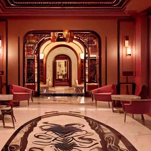 Prompt: interior of a luxury hotel lobby, highly detailed, rose colored, cinematic lighting, wes anderson