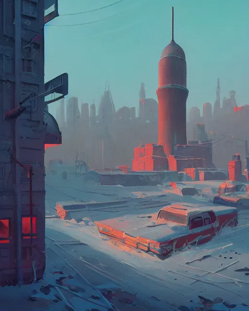 Prompt: a beautiful painting of apocalyptic soviet ruined city, by simon stalenhag, cory loftis, james gilleard, atey ghailan, rim light, exquisite lighting, clear focus, very coherent, plain background, soft painting